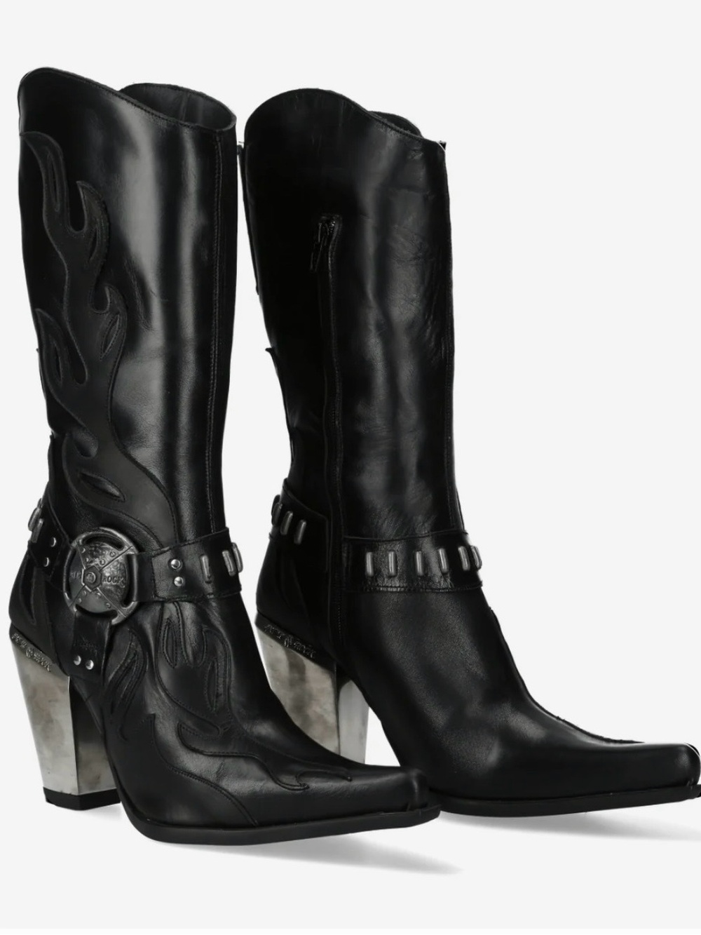 New rock Black Flame-Embossed Western Heeled Boots — Unbranded